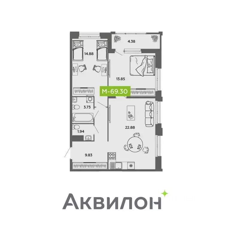 2-к кв. Архангельская область, Архангельск  (69.3 м) - Фото 0