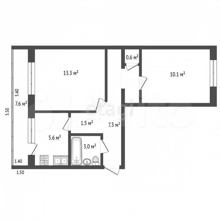 2-к. квартира, 49,6 м, 1/5 эт. - Фото 0