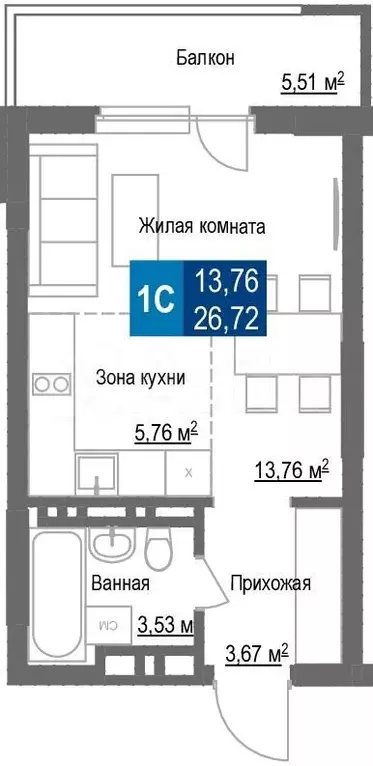 1-к. квартира, 26,7 м, 24/25 эт. - Фото 0