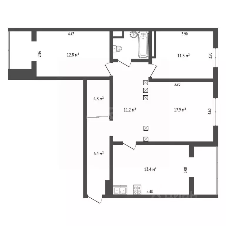 3-к кв. Омская область, Омск ул. Серова, 26 (61.7 м) - Фото 2