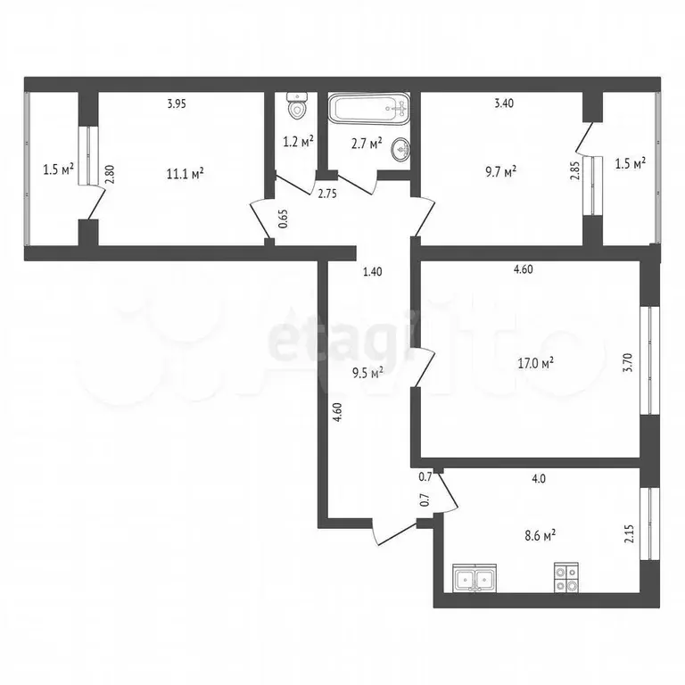 3-к. квартира, 59,8 м, 4/9 эт. - Фото 0