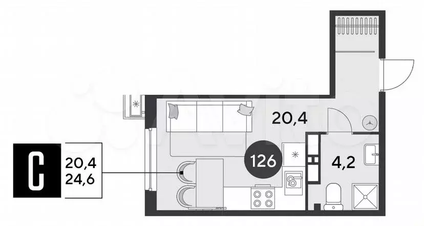 Квартира-студия, 24,6м, 14/18эт. - Фото 1