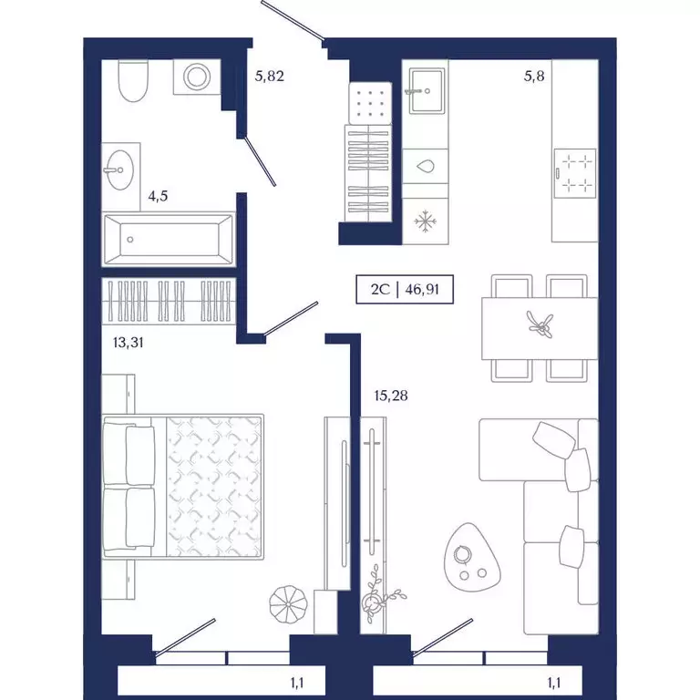 2-комнатная квартира: Новосибирск, улица Семьи Шамшиных, 2 (46.91 м) - Фото 1