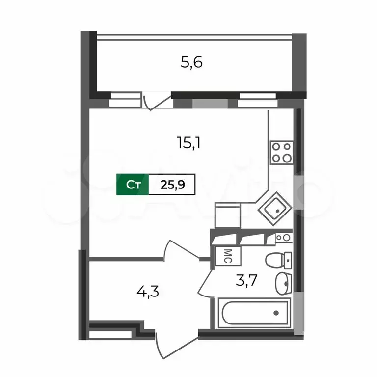 Квартира-студия, 25,9 м, 1/17 эт. - Фото 0