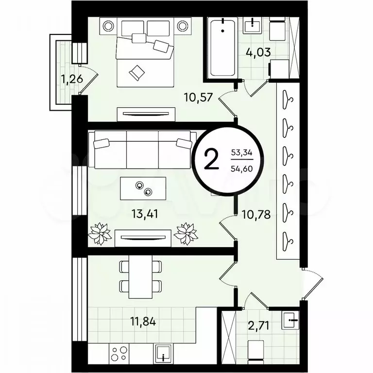 2-к. квартира, 54,6 м, 2/4 эт. - Фото 0