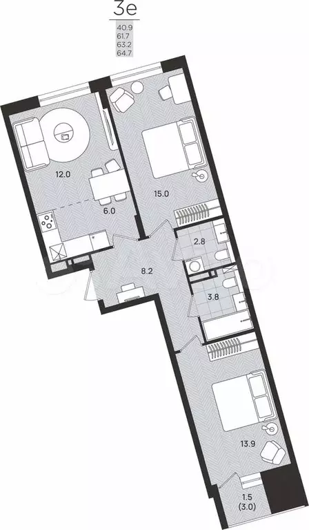3-к. квартира, 63,2 м, 8/8 эт. - Фото 0