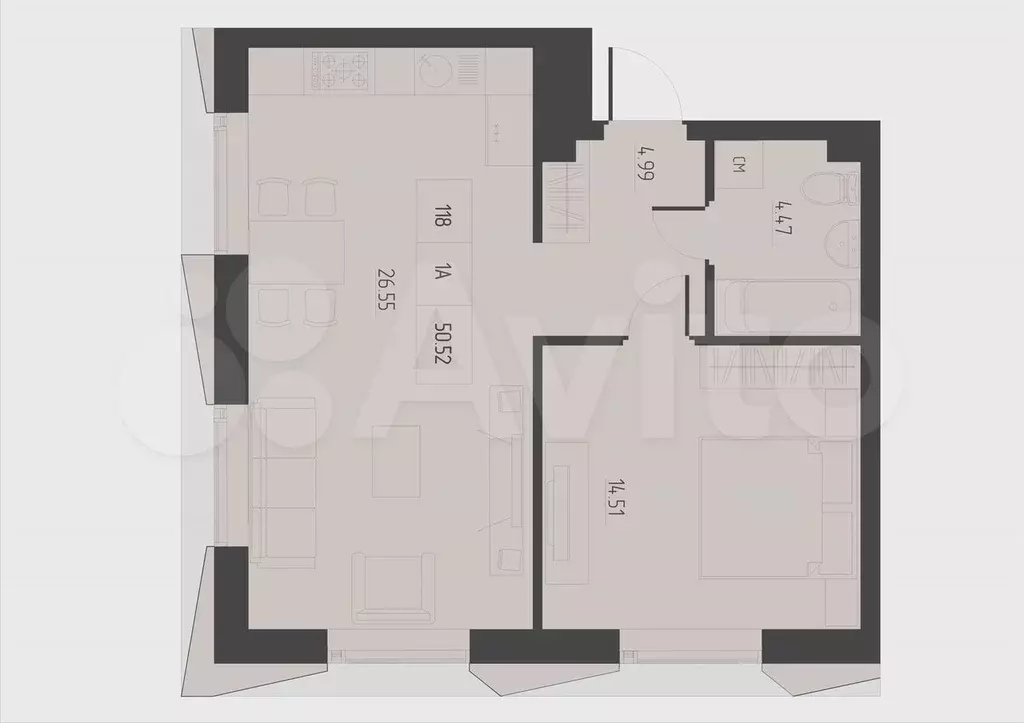 1-к. квартира, 50,5 м, 6/6 эт. - Фото 0