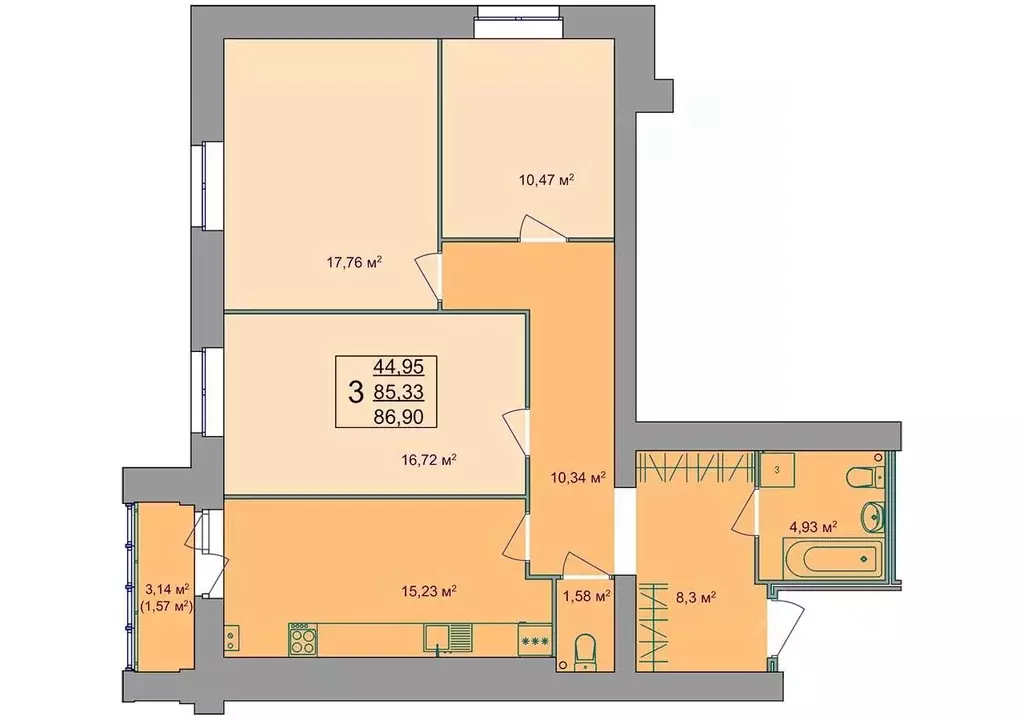 3-к кв. Костромская область, Кострома Привокзальная ул., 12 (88.6 м) - Фото 1