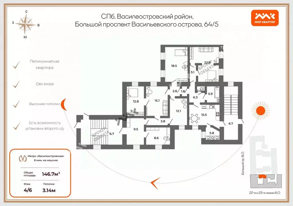 5-к кв. Санкт-Петербург просп. Большой Васильевского острова, 64/5 ... - Фото 1