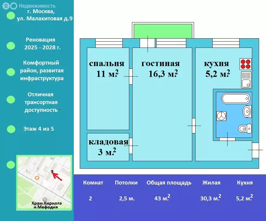 2-комнатная квартира: Москва, Малахитовая улица, 9 (43 м) - Фото 0