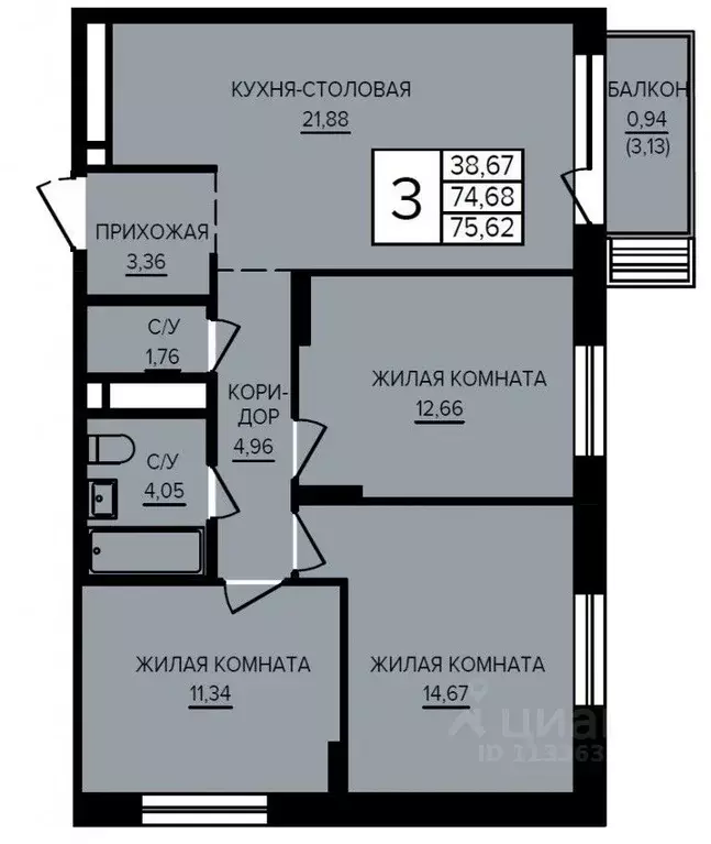 3-к кв. Свердловская область, Екатеринбург ул. Энтузиастов (75.62 м) - Фото 0