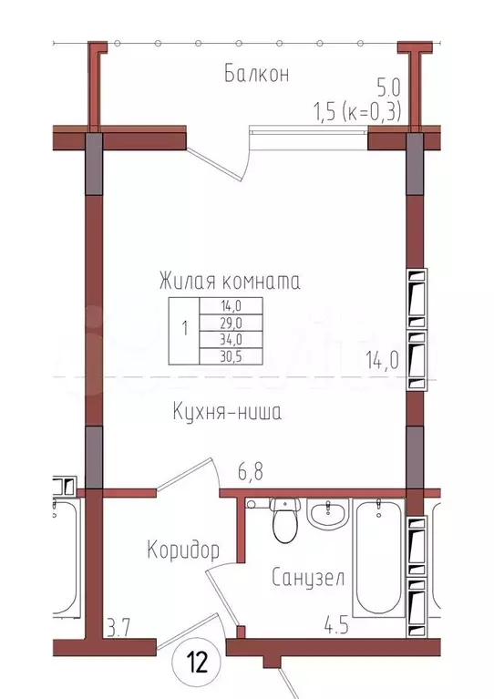 1-к. квартира, 30,5м, 2/9эт. - Фото 0