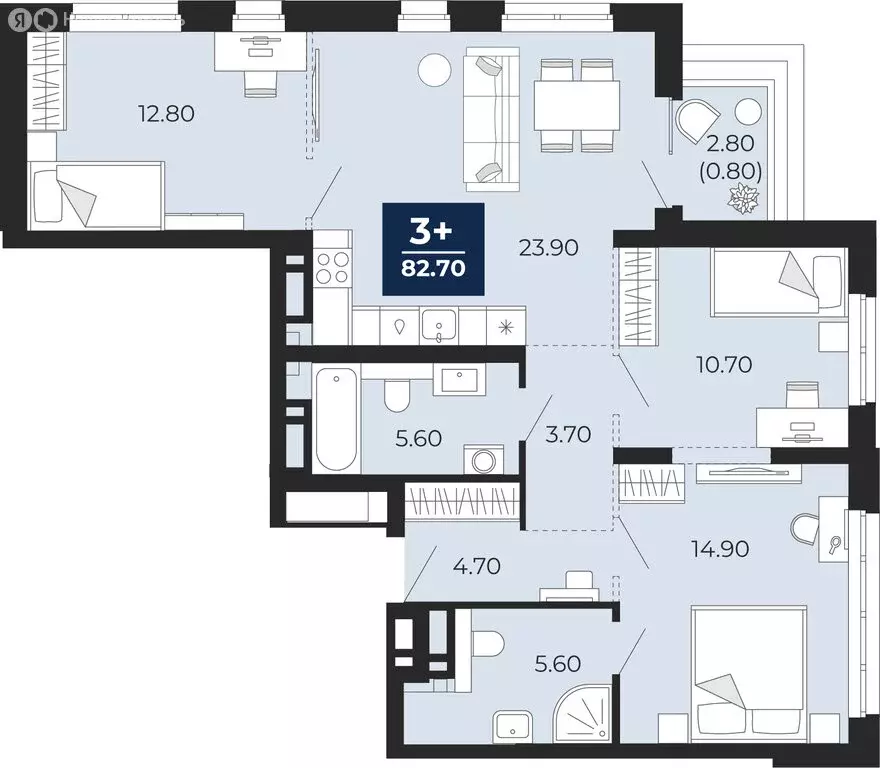 3-комнатная квартира: Тюмень, улица Пожарных и Спасателей, 2 (82.7 м) - Фото 1