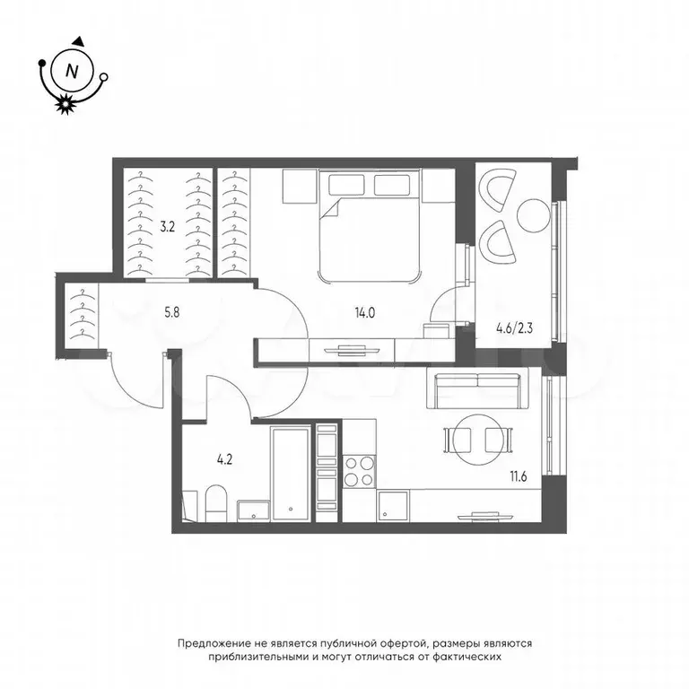 1-к. квартира, 41,1 м, 9/9 эт. - Фото 0