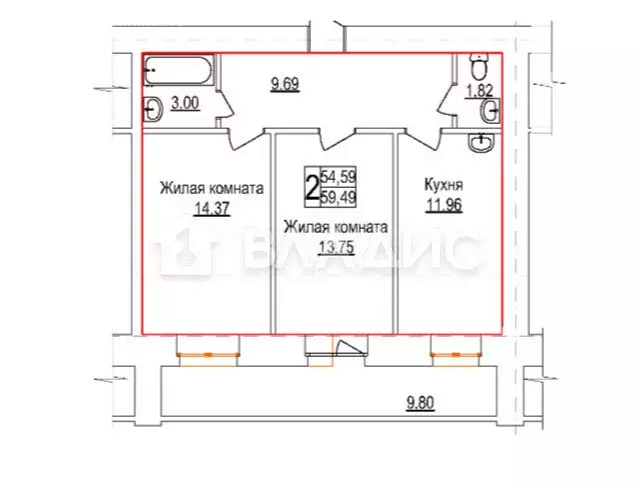 2-комнатная квартира: Благовещенск, Заводская улица, 4 (59.49 м) - Фото 1