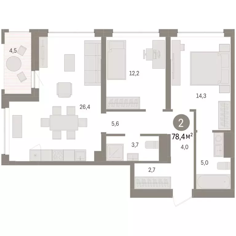 2-комнатная квартира: Тюмень, ЖК Дом у Озера (78.37 м) - Фото 1