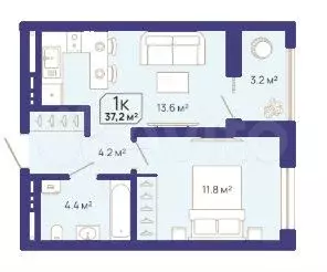 1-к. квартира, 37 м, 4/9 эт. - Фото 1