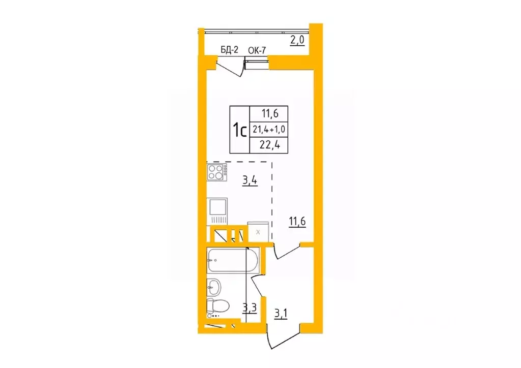 Студия Башкортостан, Уфа Инорс-4Б мкр, Акварель жилой комплекс (22.1 ... - Фото 1
