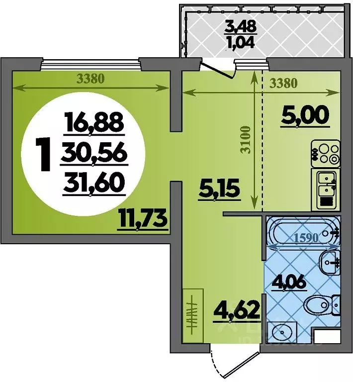 Студия Адыгея, Майкоп  (31.6 м) - Фото 1