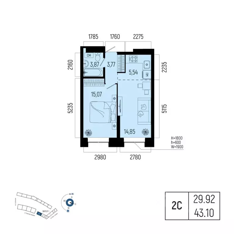 2-к кв. Башкортостан, Уфа Глумилино-1 мкр, Новатор жилой комплекс ... - Фото 1