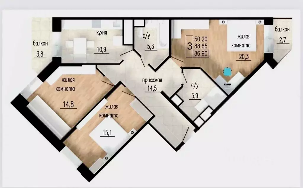 3-к кв. Московская область, Подольск Литейная ул., 18 (88.85 м) - Фото 2
