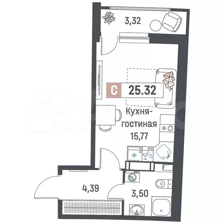 Квартира-студия, 25,3 м, 4/18 эт. - Фото 0