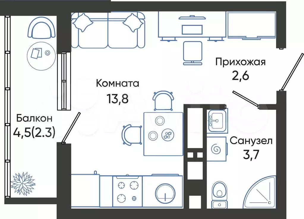 Квартира-студия, 22,4м, 15/24эт. - Фото 0