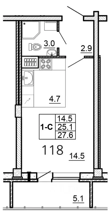 Студия Псковская область, Псков ул. Алексея Алехина, 14 (27.6 м) - Фото 1