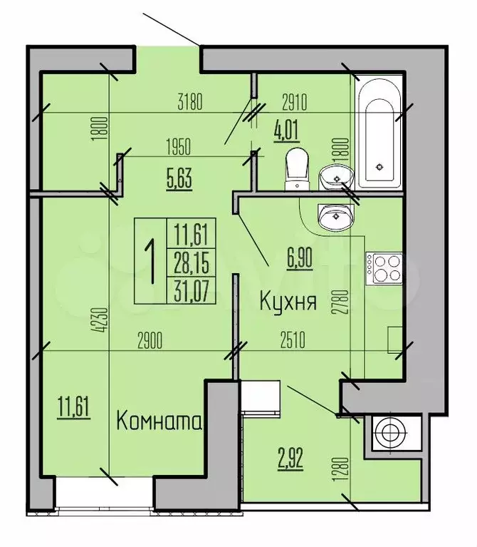 1-к. квартира, 31,1м, 9/10эт. - Фото 1