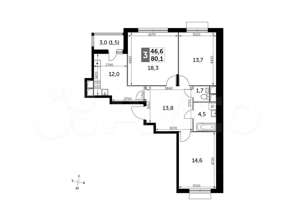 3-к. квартира, 80,1 м, 5/9 эт. - Фото 0