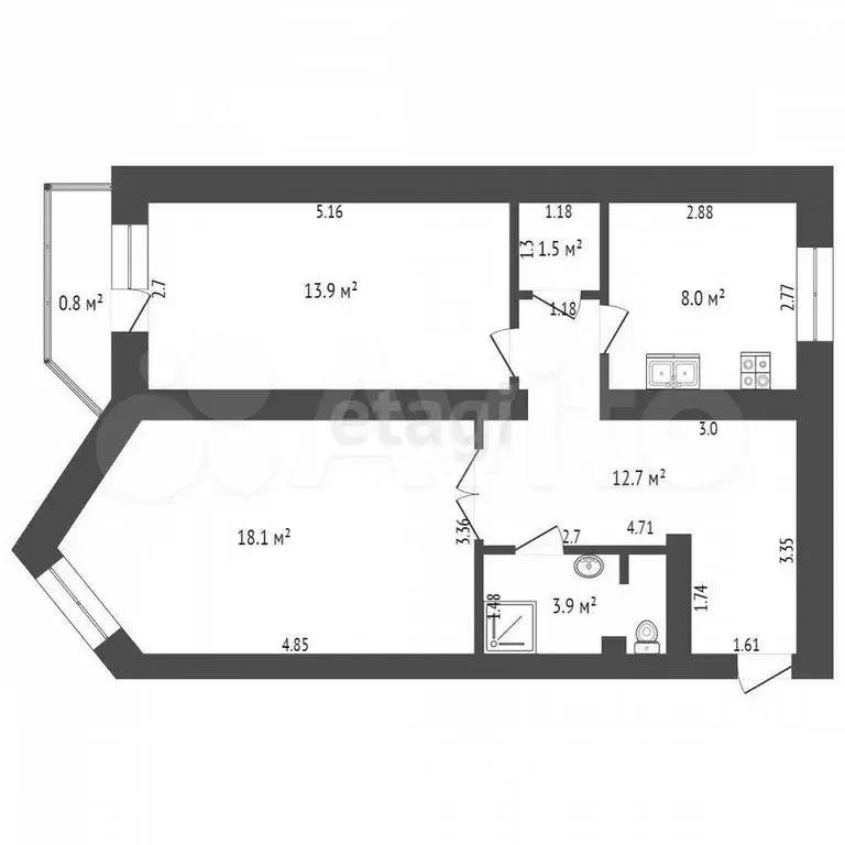 2-к. квартира, 59,7 м, 1/4 эт. - Фото 0
