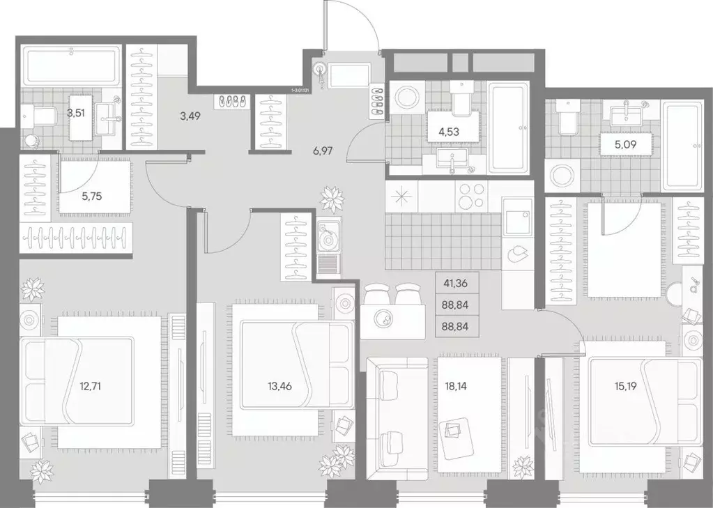 3-к кв. Санкт-Петербург Пионерская ул., 53 (88.84 м) - Фото 1