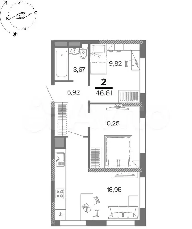 2-к. квартира, 46,6 м, 17/25 эт. - Фото 0