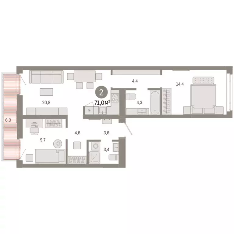 2-комнатная квартира: Тюмень, улица Республики, 205к3 (70.99 м) - Фото 2