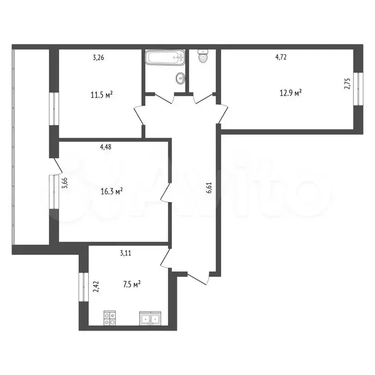 3-к. квартира, 61,5 м, 3/9 эт. - Фото 0