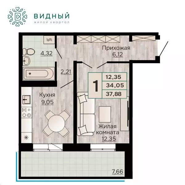 1-комнатная квартира: Пермь, Кавказская улица, 13к2 (37.88 м) - Фото 1