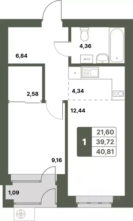 1-к кв. Башкортостан, Уфимский район, с. Миловка  (40.81 м) - Фото 0