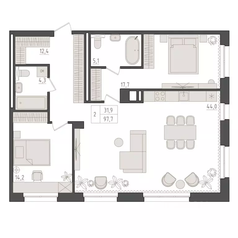 2-к кв. Башкортостан, Уфа 563-й кв-л,  (97.7 м) - Фото 1