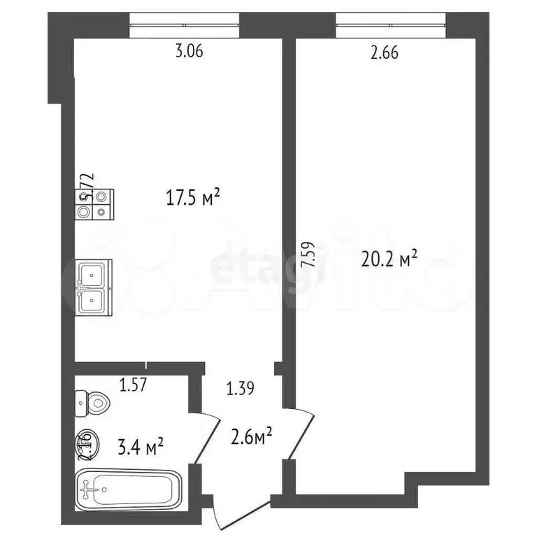 1-к. квартира, 43,7 м, 4/5 эт. - Фото 1