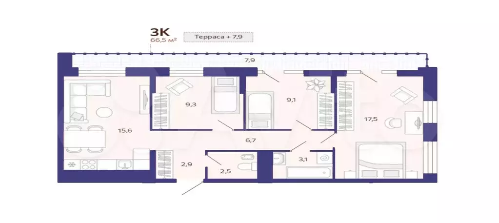 3-к. квартира, 66,5 м, 9/14 эт. - Фото 1