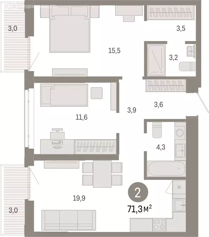 2-комнатная квартира: Тюмень, Ленинский округ (71.34 м) - Фото 1