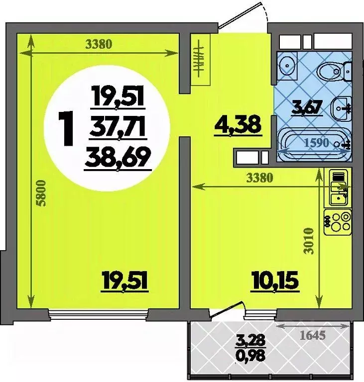 1-к кв. Адыгея, Майкоп ул. Михайлова, 7 (38.69 м) - Фото 1
