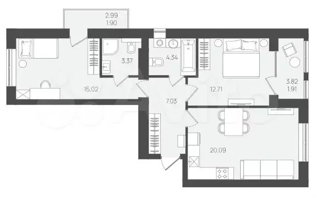 2-к. квартира, 64,5 м, 4/5 эт. - Фото 1