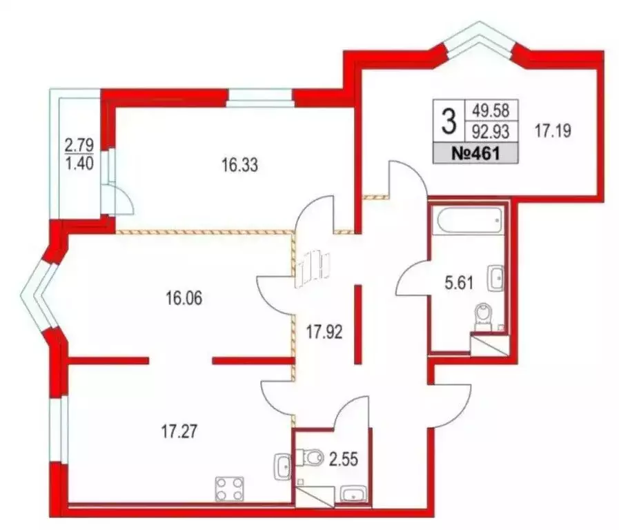 3-комнатная квартира: Санкт-Петербург, Коломяжский проспект, 13к3 (93 ... - Фото 1