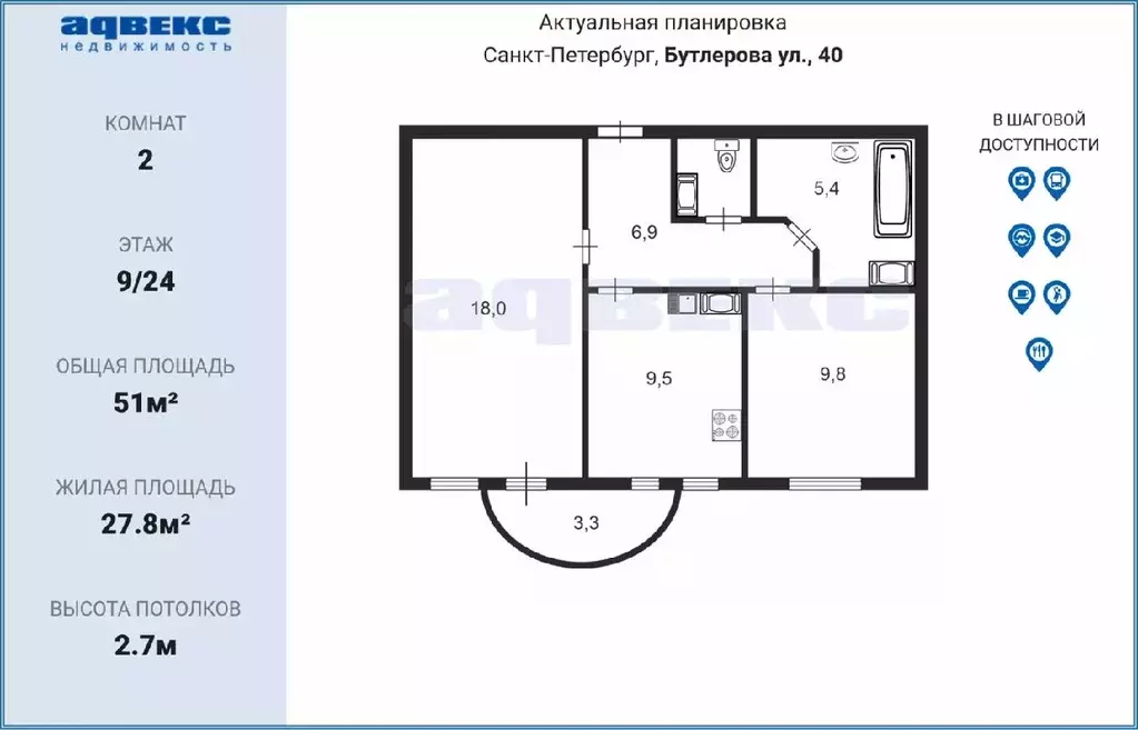 2-к кв. Санкт-Петербург ул. Бутлерова, 40 (51.0 м) - Фото 1