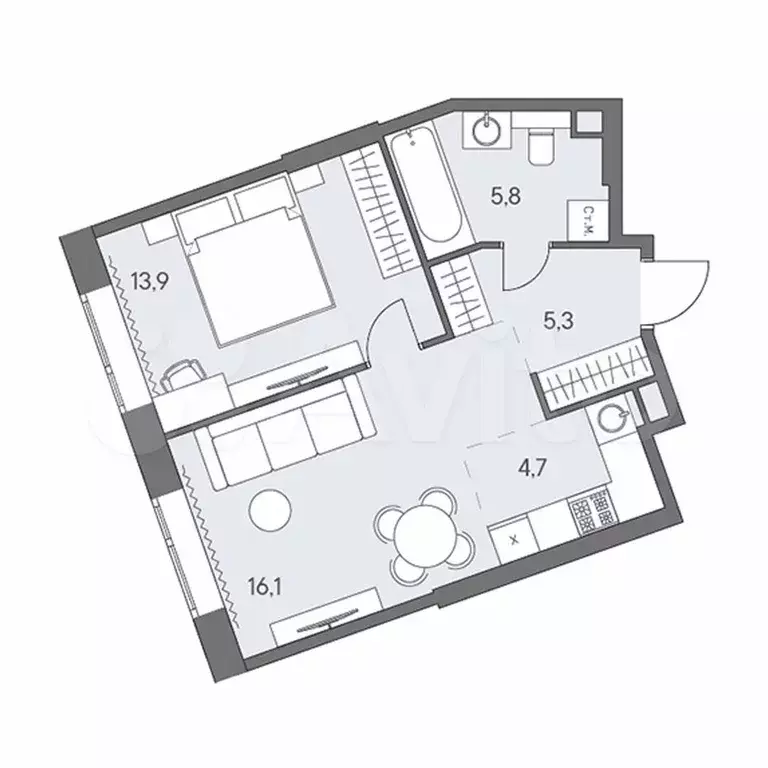 2-к. квартира, 45,8 м, 12/31 эт. - Фото 0