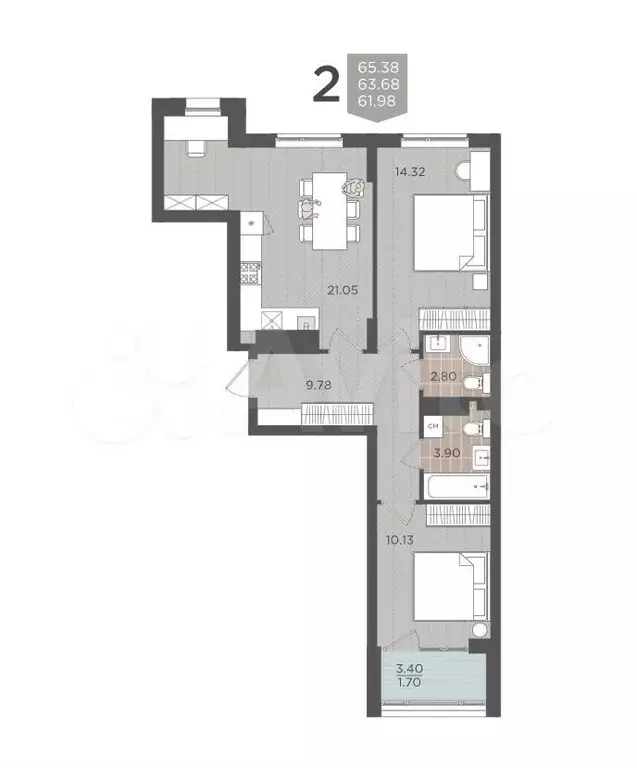 2-к. квартира, 63,7 м, 5/9 эт. - Фото 1