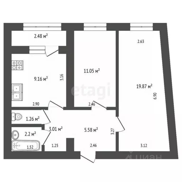 2-к кв. Самарская область, Самара Московское шоссе, 18-й км, 7А (57.1 ... - Фото 2