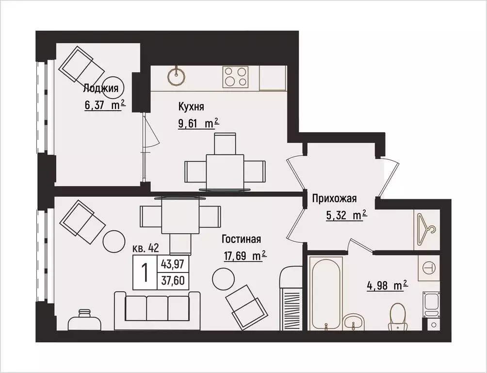 1-комнатная квартира: Нижний Новгород, Литературная улица, 5 (43.97 м) - Фото 1