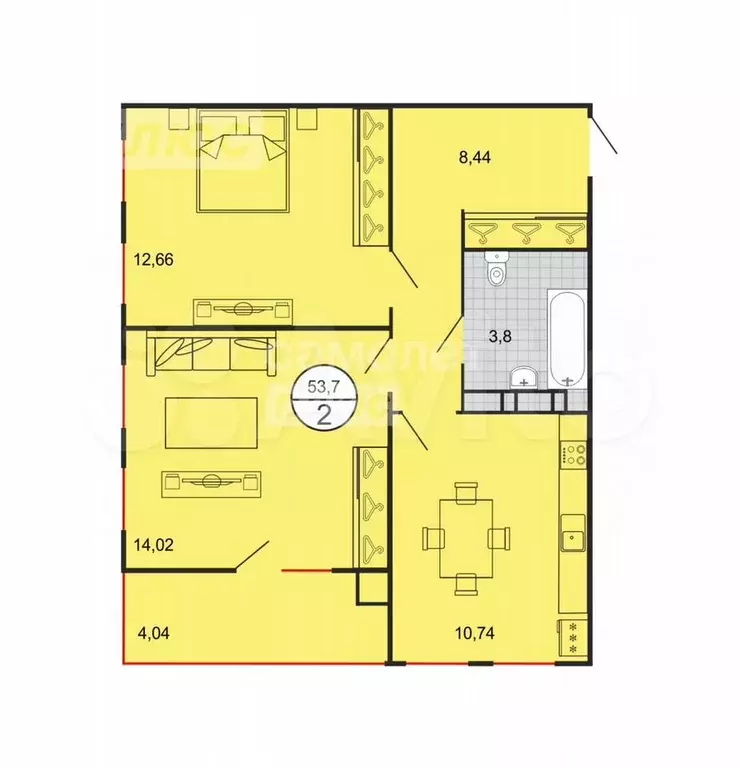 2-к. квартира, 53,7 м, 2/5 эт. - Фото 0